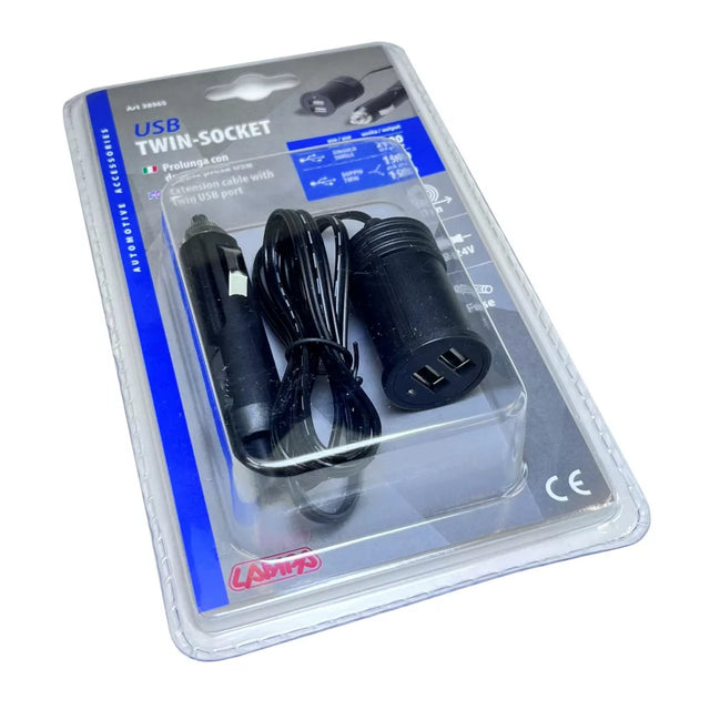 Car Cigarette Lighter Extension USB Charger – Dual Port, 1m, 3000mA